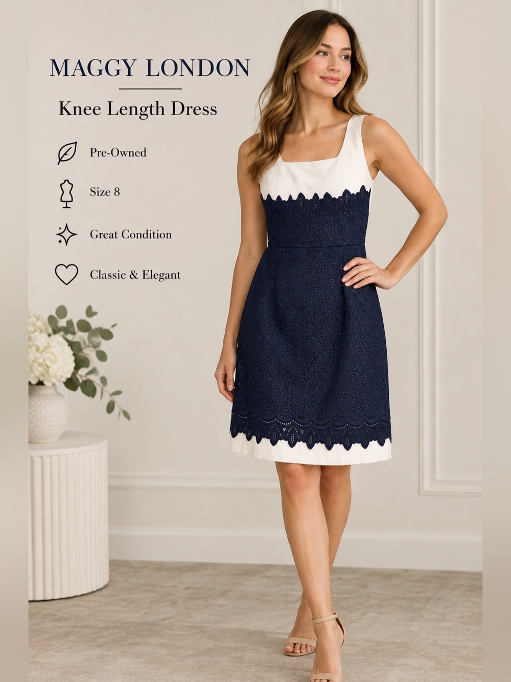 Maggy London Navy & White Eyelet Lace Knee Length Dress Size 8